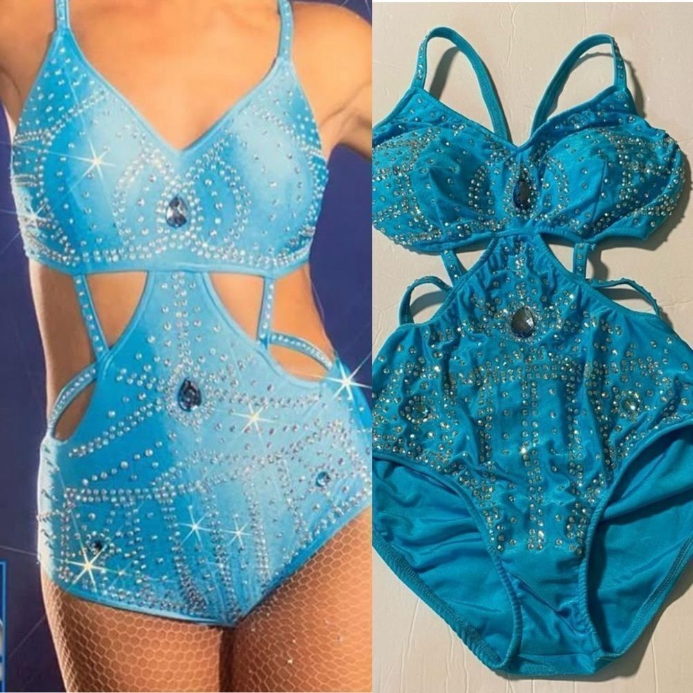 Glamour solo dance costume 5677 rhinestone embellished aqua blue leotard SA